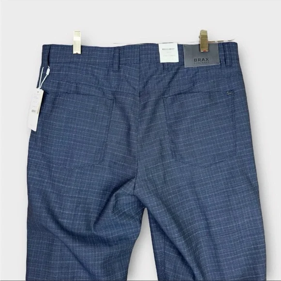 Brax Cooper Fancy Regular Fit Chino Pants Mens 35x36 Blue Plaid Unhemmed Leg NWT
